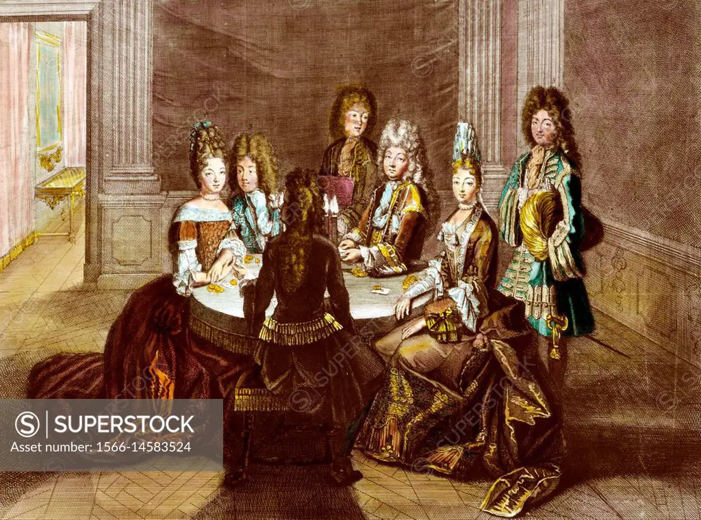 Antoine Trouvain - . Second Room of the Versailles Apartments: Marshal Duke of Vendôme playing cards with the Grand Dauphin and members of the French ...