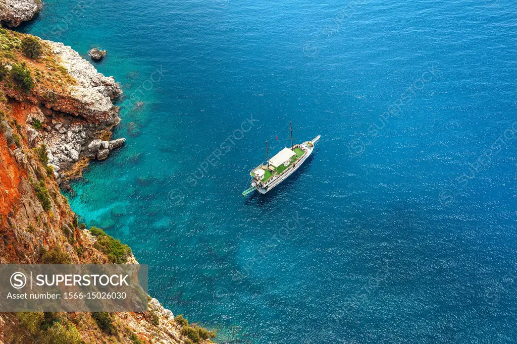 View on Mediterranean sea, Island and ship in Alanya, Turkey