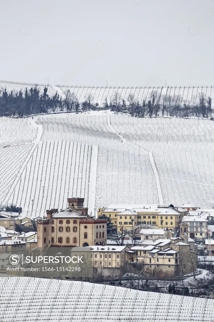 Langhe, Cuneo district, Piedmont, Italy. Langhe wine region winter snow, Barolo castle.