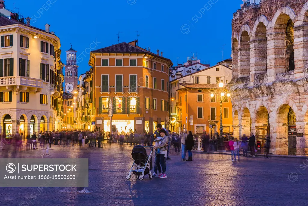 Roman amphitheatre Arena di Verona and Piazza Bra square at night. Verona,  Veneto, Italy, Europe. - SuperStock