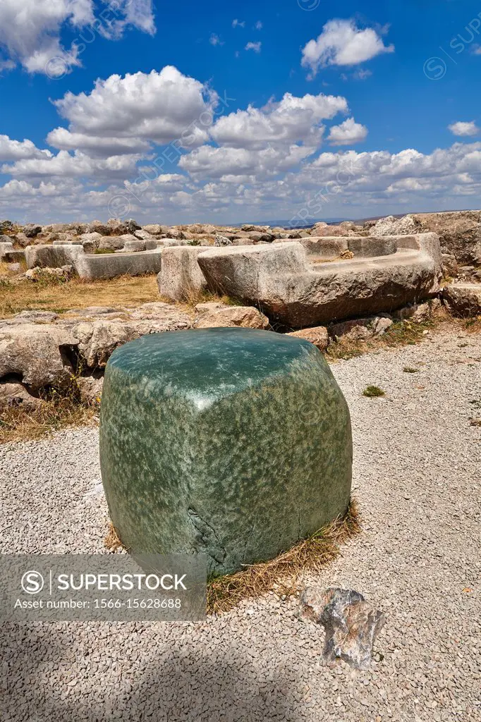 Green polished cult stone of temple I, Hattusa ( Hattusas) late Anatolian Bronze Age capital of the Hittite Empire. Hittite archaeological site and ru...