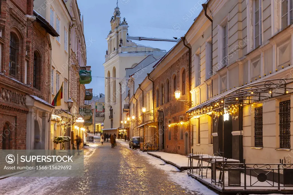 Winter evening in Vilnius old town, Lithuania.