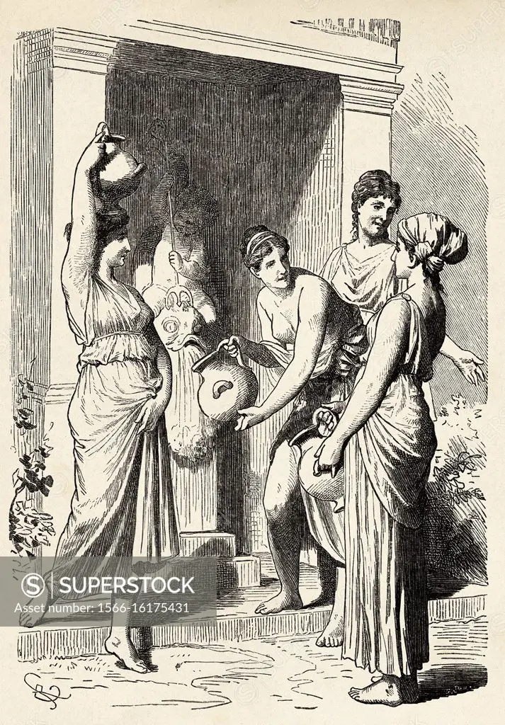 Portrait of Greek slaves who draw water from a fountain. Ancient Greece. Old 19th century engraved illustration, El Mundo Ilustrado 1880.