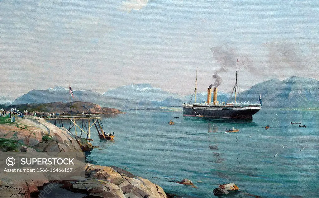 Ulving even - Norwegian Fjord with a British Ship - Norwegian School - 19th Century.