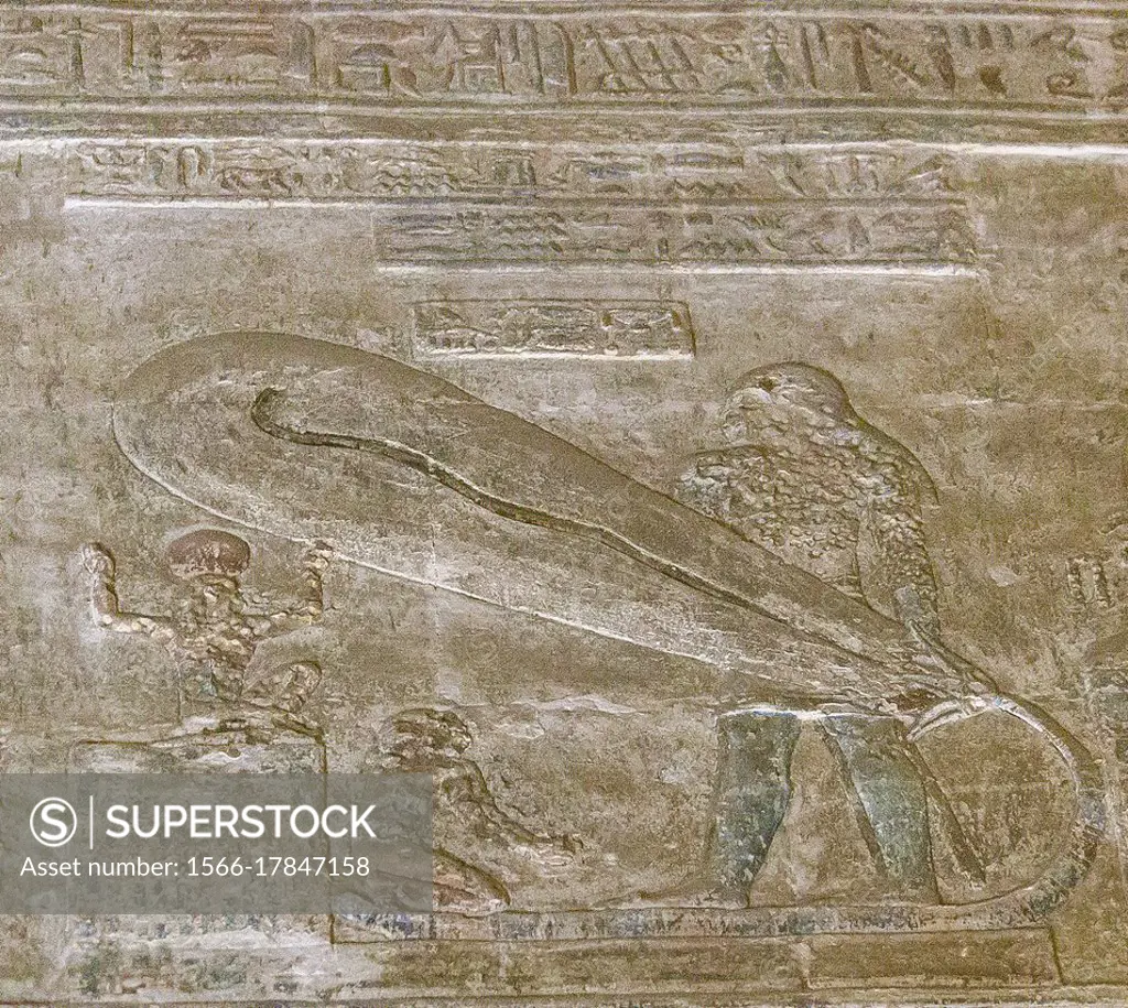 Egypt, Dendera temple, in a room, strange scene called ""light bulb"", sometimes seen as a proof that Ancient Egyptians knew electricity. it's in fact...