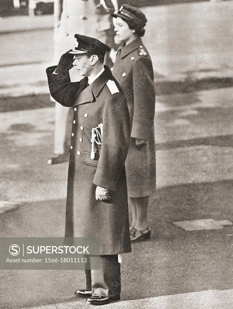 EDITORIAL ONLY Princess Elizabeth with her father George VI, seen here at the Cenotaph on Remembrance Sunday, 1949. George VI, Albert Frederick Arthur...