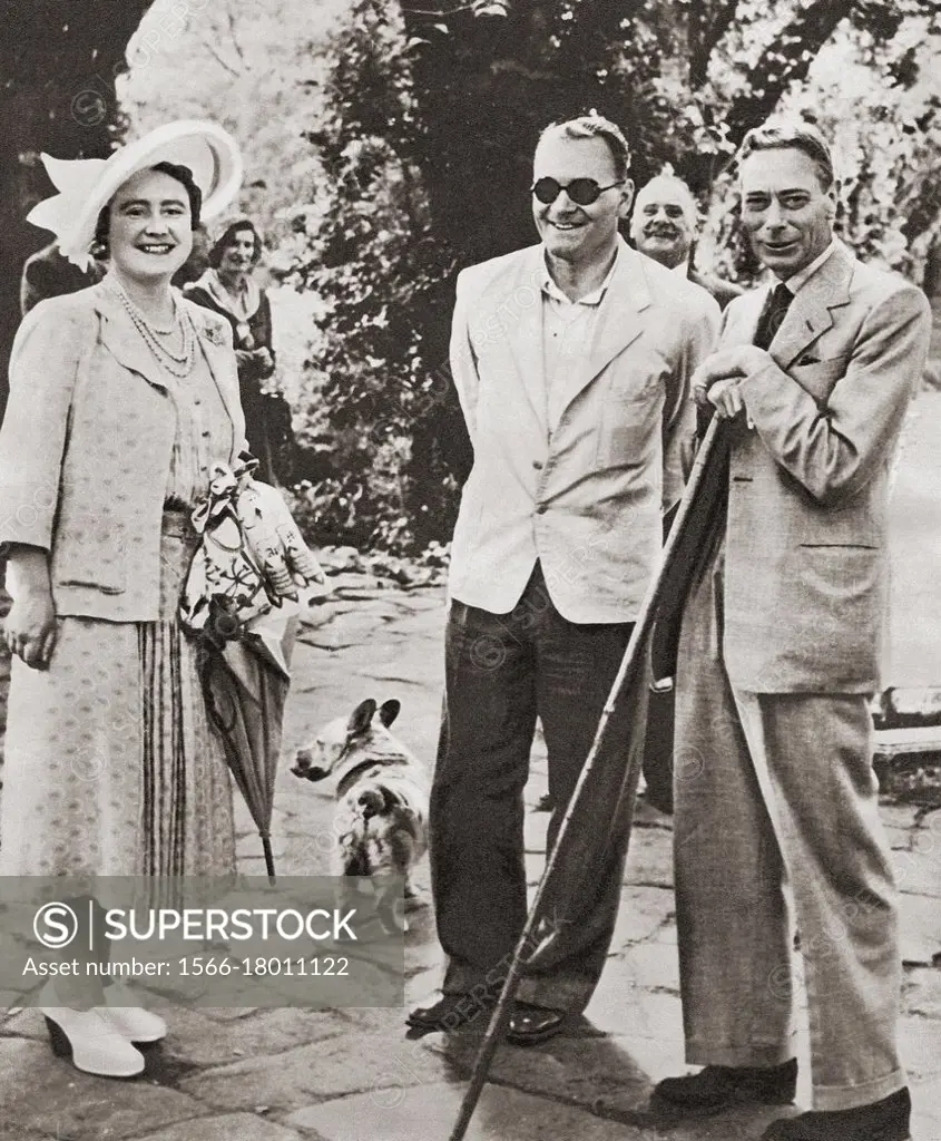 EDITORIAL ONLY King George VI and Queen Elizabeth seen here entertaining a party of blind peope in 1951. George VI, Albert Frederick Arthur George,189...