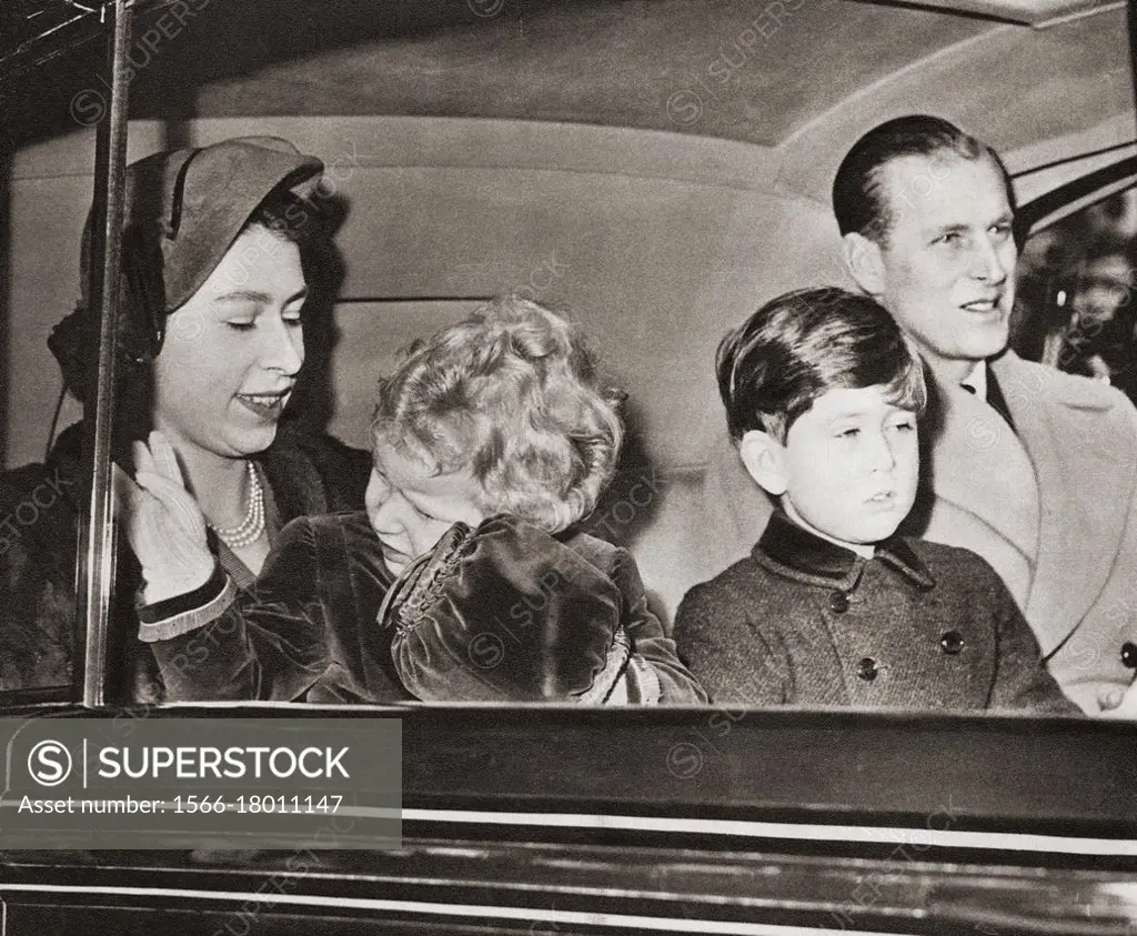 EDITORIAL The Royal Family arrive back in London after a stay in Sandringham. Elizabeth II, Queen of the United Kingdom, born 1926. Prince Philip, Duk...