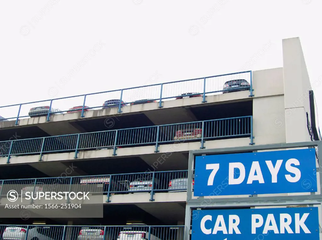 Multi story car parking in city.