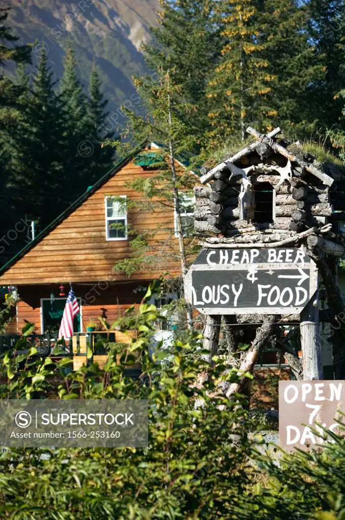 ´Cheap Beer & Lousy Food´ offered on Exit Glacier Road. Seward. Kenai Peninsula. Alaska. USA.