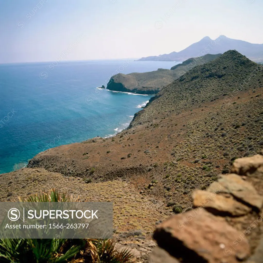 View from La Amatista viewpoint, Cabo de Gata-Níjar Natural Park. Almería province, Andalusia. Spain