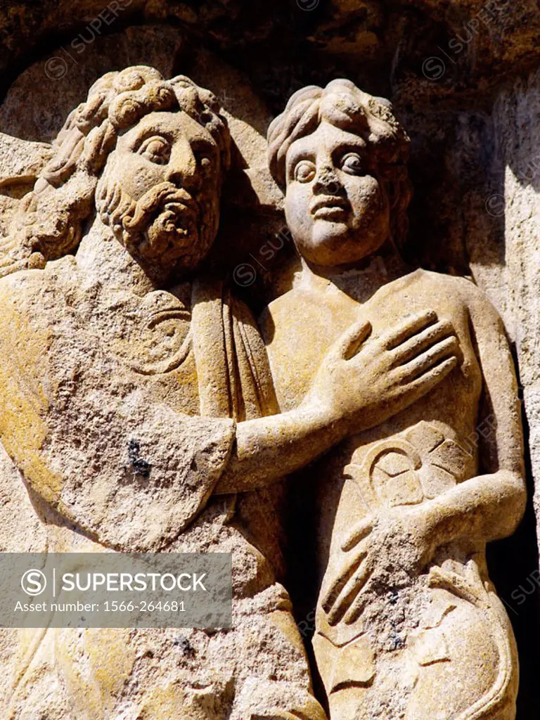 Detail of relief of the cathedral, Santiago de Compostela. La Coruña province, Galicia, Spain