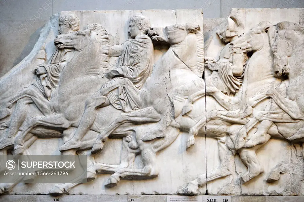 Horsemen from the west frieze of the Parthenon, The Parthenon sculptures, The British Museum, London. England. UK.