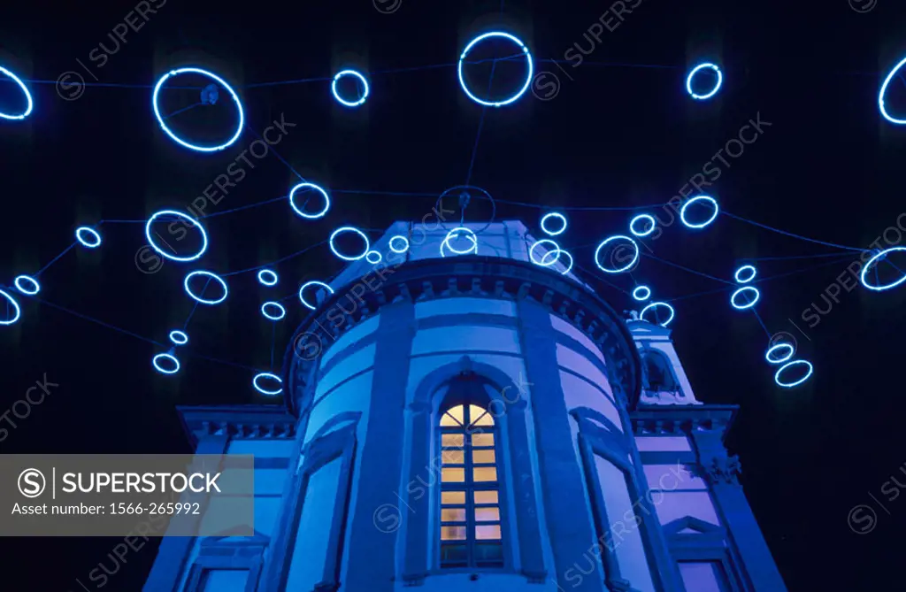 Luci d´artista. ´ Piccoli spiriti blu ´ ( Small Blue Spirits). Church of Monte dei Cappuccini. Artist : Rebecca Horn. Torino. Italy.