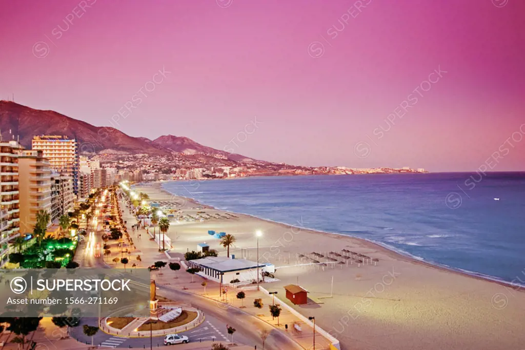 Beach front and promenade in the evening, Fuengirola. Málaga province, Costa del Sol. Andalusia, Spain