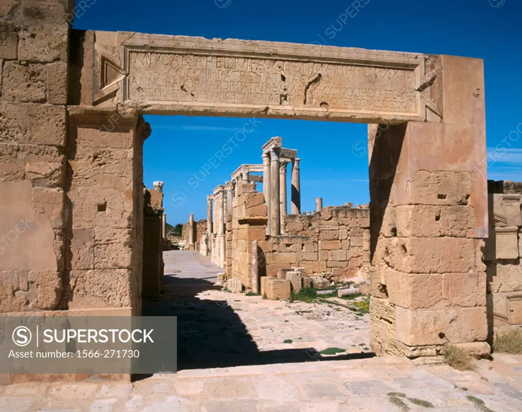 Entrance to the theatre, Roman ruins of Leptis Magna. Libya