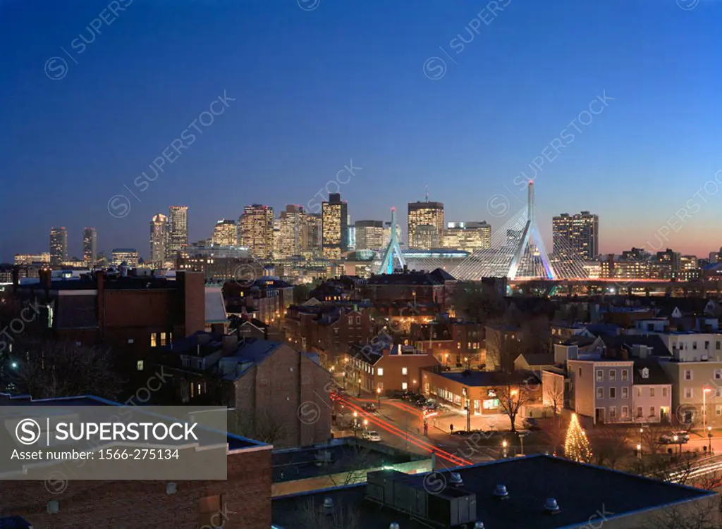 Night skyline with Zakim bridge, from Charlestown, Boston, Massachusetts. USA.