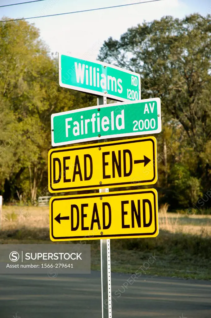 Dead End signs pointing both ways to Dead End of streets in Florida. USA.