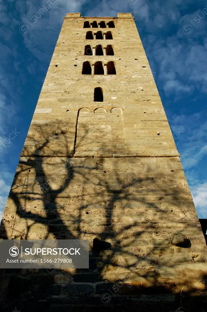 The tower of the St. Orso church with the shadow of a tree, Aosta. Valle d´Aosta, Italy
