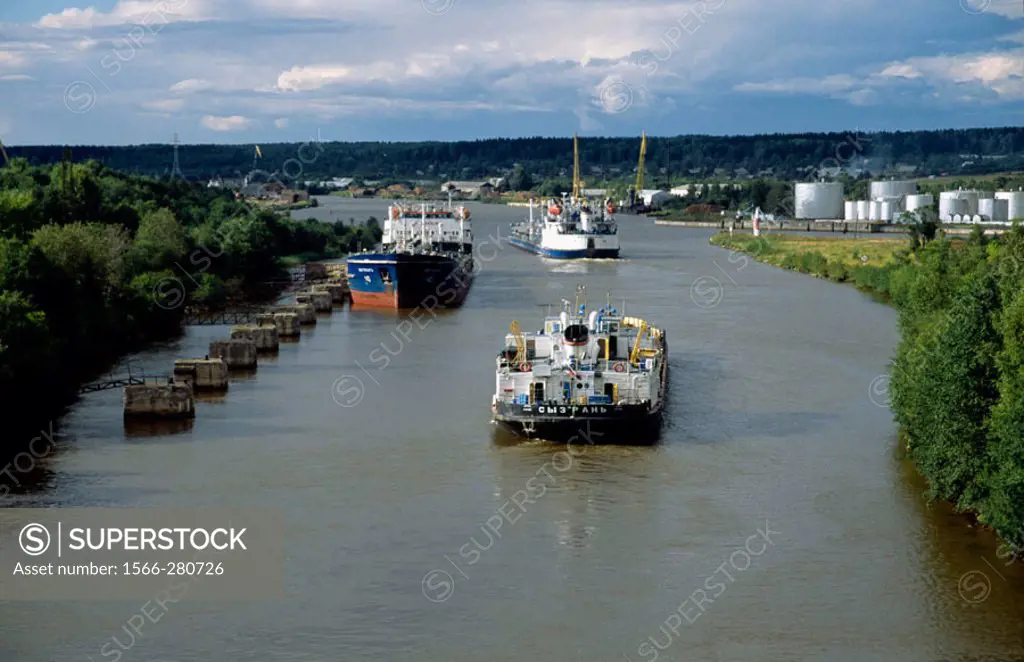 Vessels on Volga-Baltic channel near Vytegra. Vologda Oblast, Russia