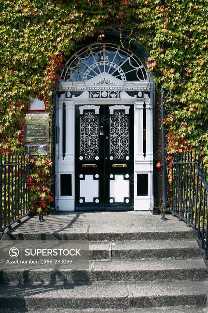 Elaborate Georgian black and white door in Fitzwilliam square. Dublin 2, Co. Dublin. Ireland.