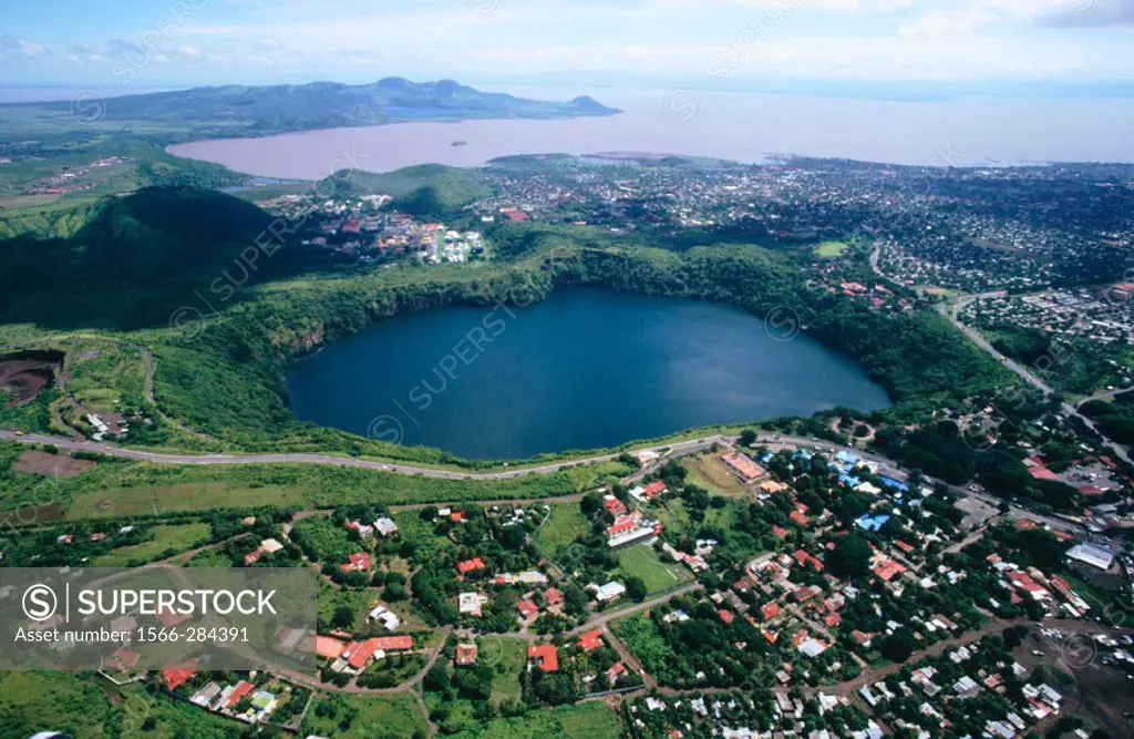 Laguna de Apuyo (in foreground) and Lake Nicaragua. Granada City. Nicaragua.