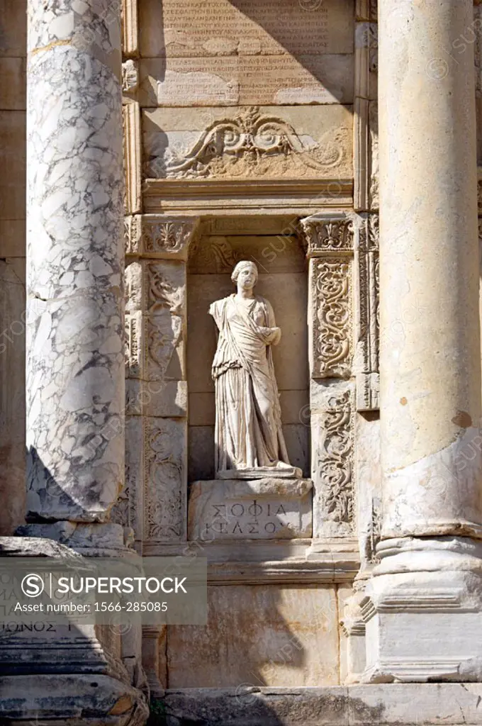 Detail of the exterior of the Celsus Library in Ephesus, Turkey.