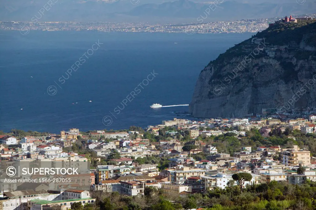 Town View Aerial & Gulf of Naples. Morning. Vico Equense. Sorrento Peninsula. Campania. Italy.