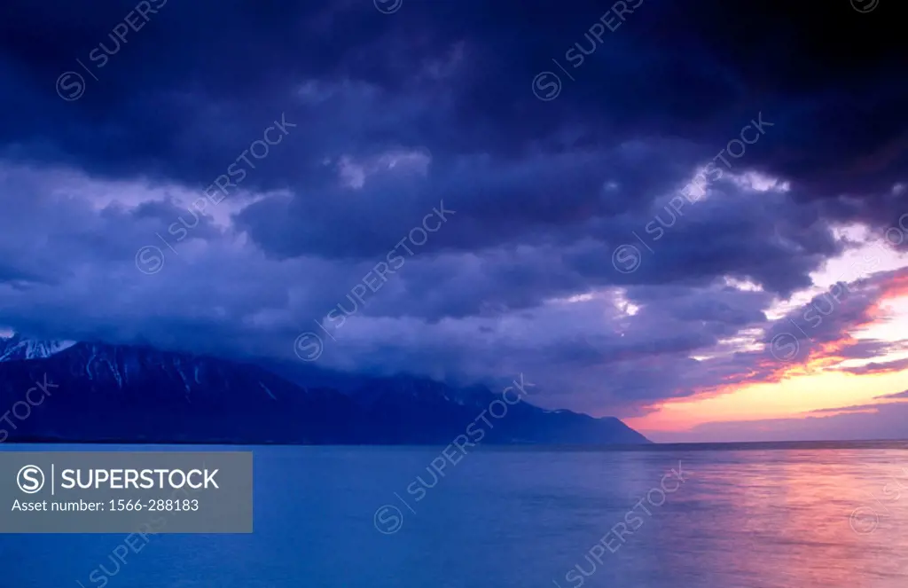 Mountains. Chablais region. Evening on the Geneva Lake. Montreux. Switzerland.