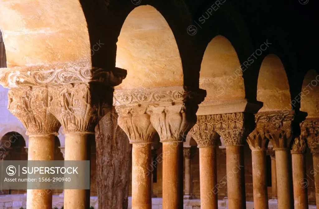 Columns and chapiters detail. XIth century cloister. Silos monastery. Romanesque style. Burgos province. Castilla y Leon. Spain.