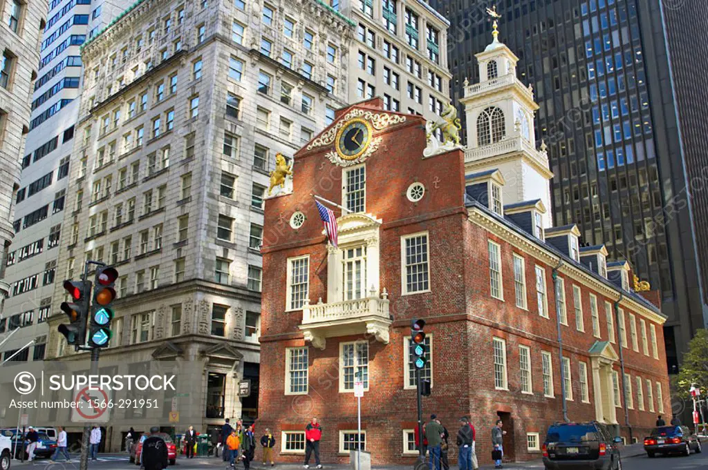 Massachusetts, Boston, Old State House, site along Freedom Trail, oldest public building in city, amid modern buildings, no left turn sign