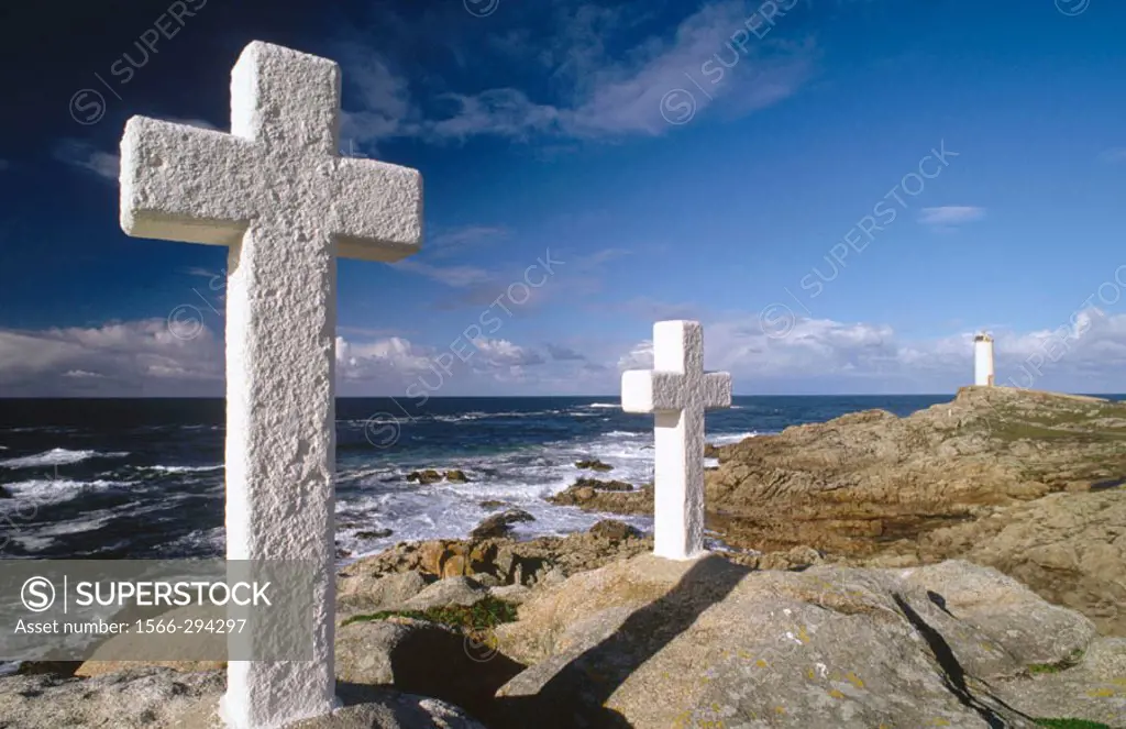 Death ´percebeiros´ (barnacles fishermen) memorial crosses on Punta del Roncudo, Costa da Morte. La Coruña province, Galicia, Spain