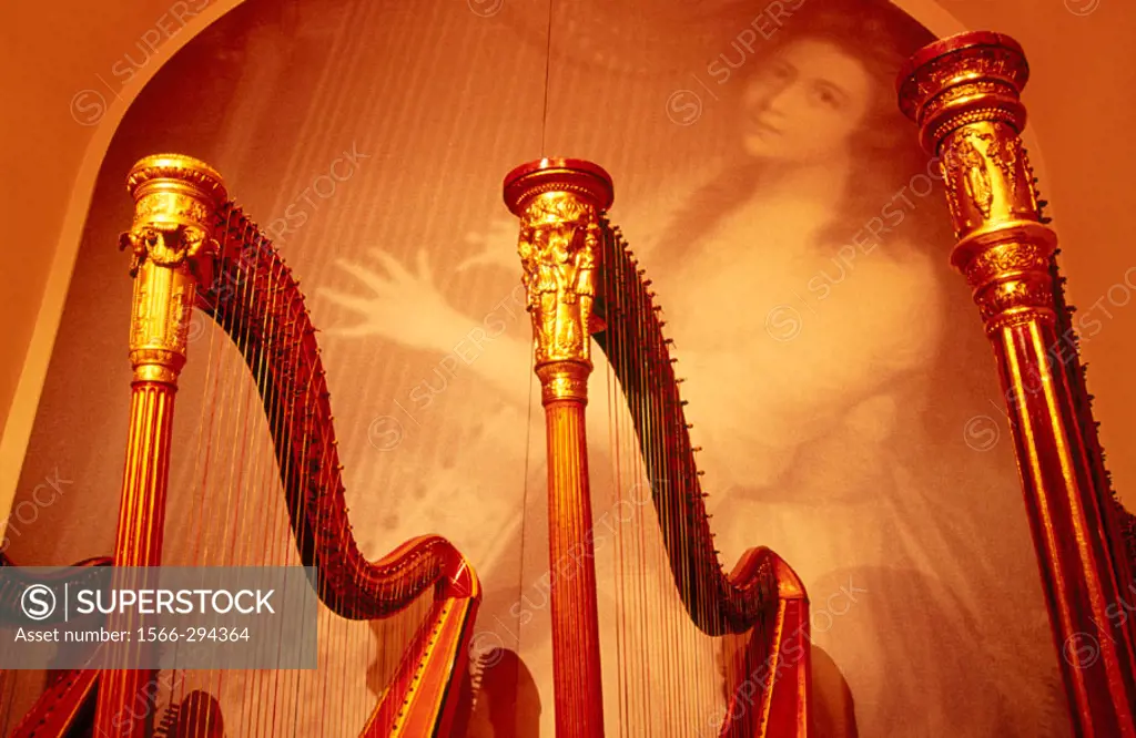 Harps in Music Museum. Prague. Czech Republic