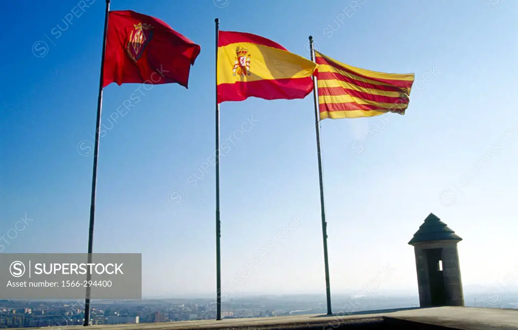 Lleida, Spanish and Catalan flags in Seu Vella. Lleida. Catalunya. Spain.
