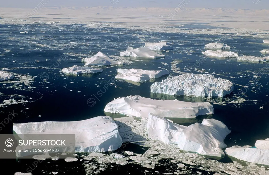 Aerial view of Icebergs and melting pack ice, Disko Bay, Greenland