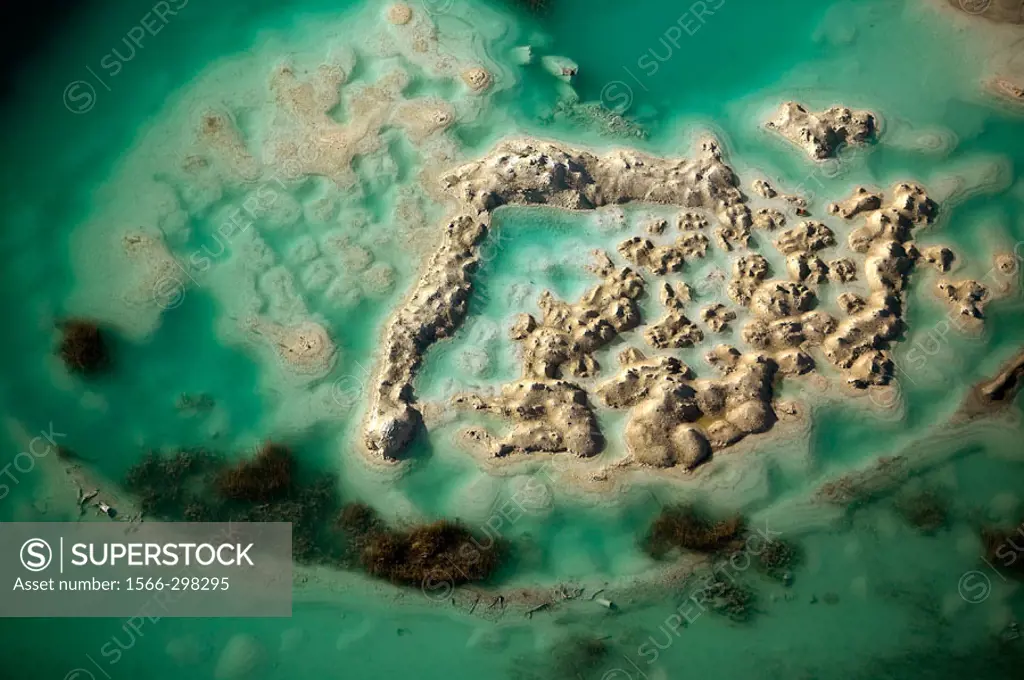 Sand formations in lime stone mine, water, aerial view. Gotland. Sweden.