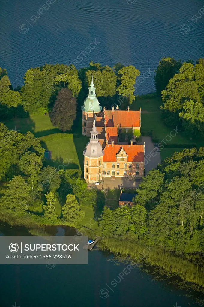 Old historical castle, lake, aerial view. Karsholm. Skåne. Sweden.