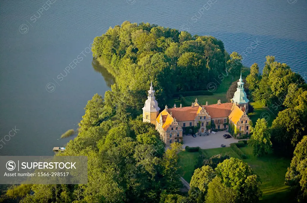 Old historical castle, lake, aerial view. Karsholm. Skåne. Sweden.