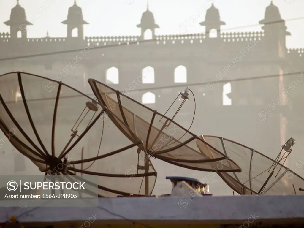Satellite dishes on building tops, Orcha, India