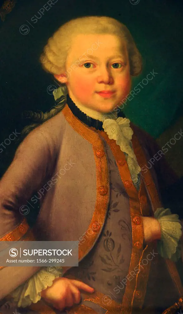 Mozart´s portrait at age 6 in gala dress, probably by Pietro Antonio Lorenzoni (Salzburg, 1763)
