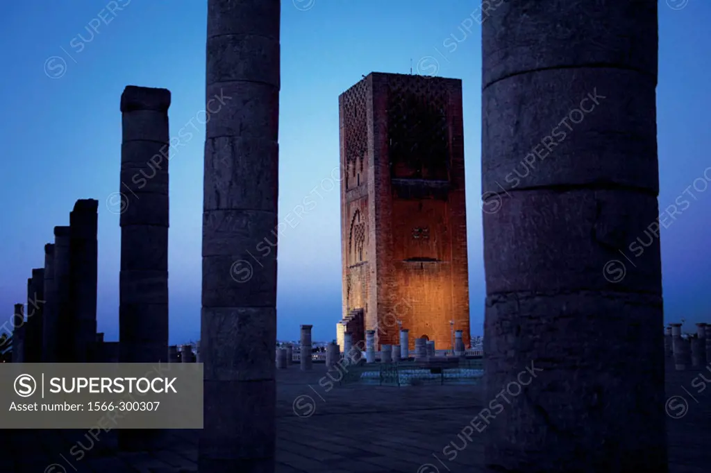 Hassan Tower by night, at Rabat. Morocco.