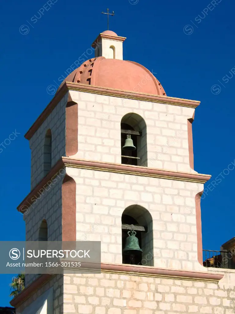 Church Bell Tower (1820) of Santa Barbara Franciscan Mission (aka Queen of the Missions for its graceful beauty. Founded in 1786, destroyed by earthqu...