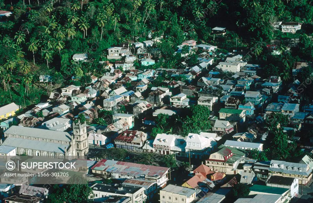 Aerial of La Soufrière city at seaside. St.Lucia Island. British West Indies. Caribbean.