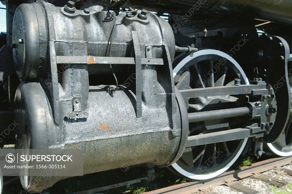Antique steam locomotive running gear. Brighton, Ontario, Canada