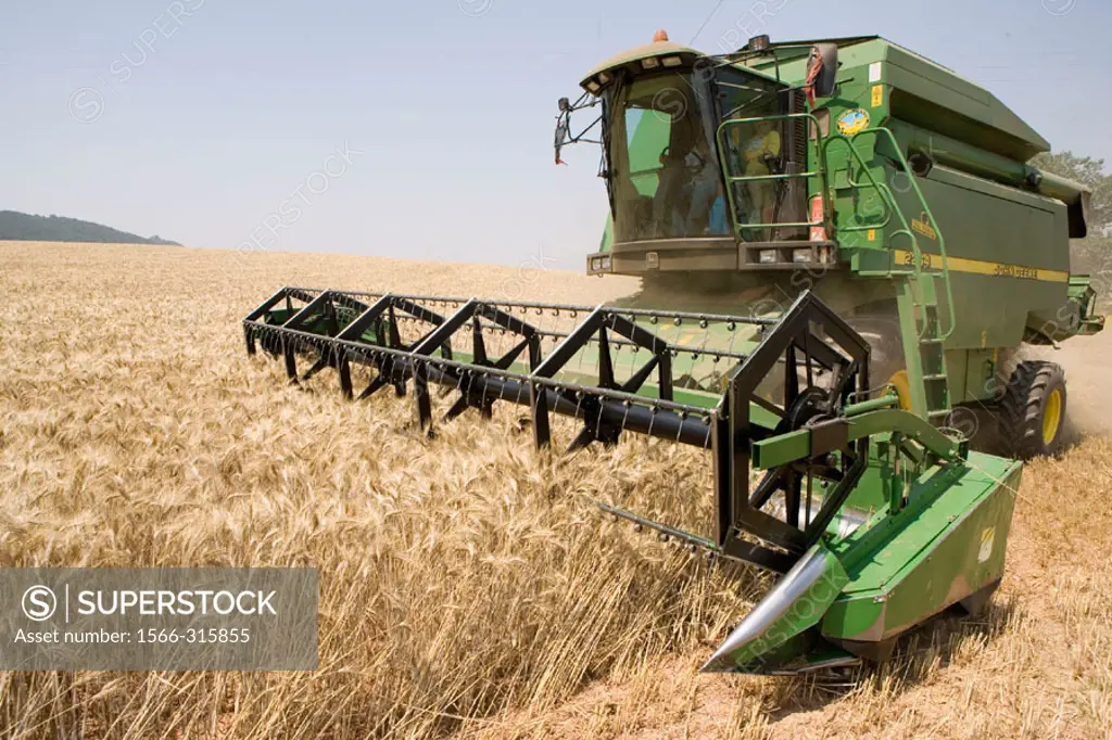 Agricultural machinery. Combine harvester on field of wheat. ´Learza´ estate. Near Estella, Navarre, Spain