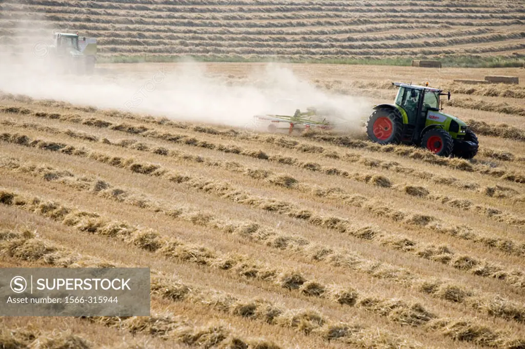 Agricultural machinery. Windrower. Harvesting of cereals,  ´Learza´ estate. Near Estella, Navarre, Spain