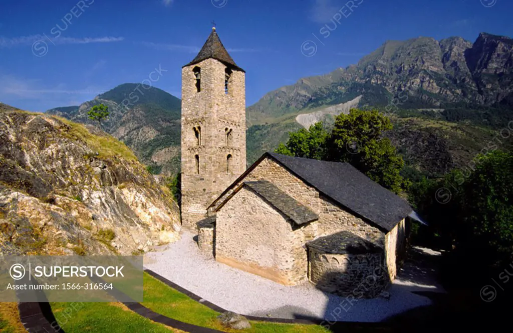 Sant Joan romanesque church (XIth century). Boí. Aigües Tortes i Estany Sant Maurici National Park. Pyrenees. Lleida. Cataluña. Spain.