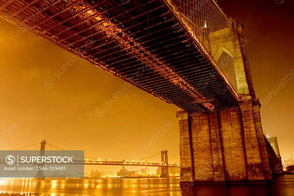 Brooklyn Bridge and Manhattan bridge at night,  NY, USA
