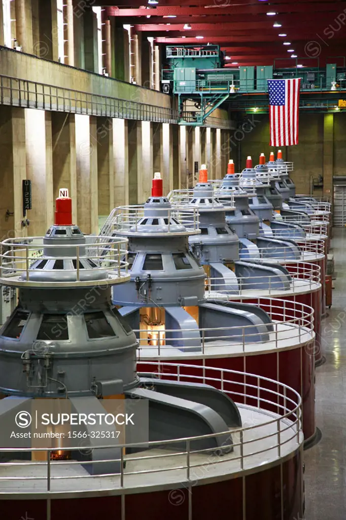 The hall containing the 8 power plant generators on the Nevada side of the Hoover Dam, Boulder City, Nevada / Arizona, United States of America.