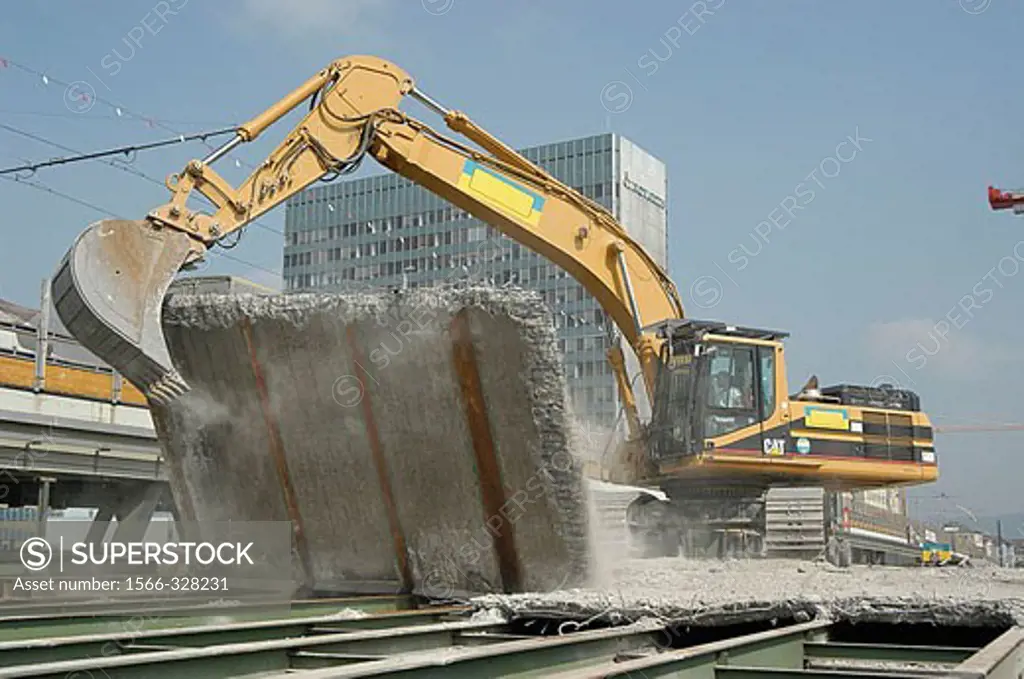 Demolition of the old ´Drei Rosen´ bridge. Basel, Switzerland.